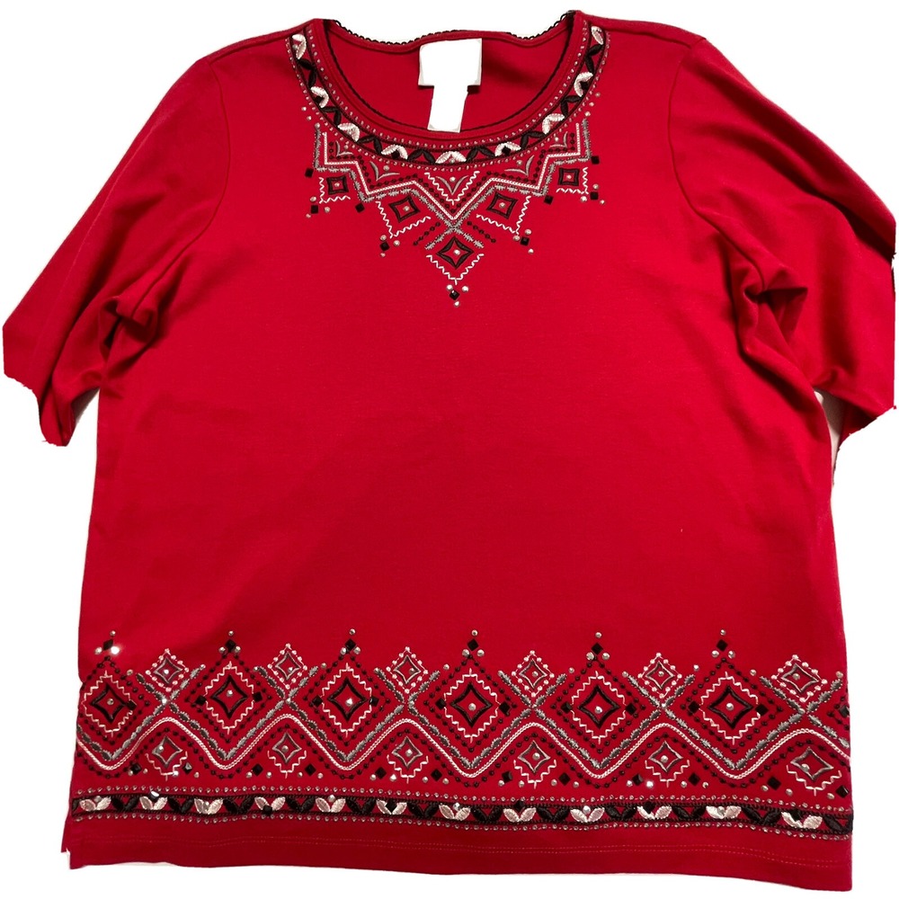 Alfred Dunner Womens Sweater M Short Sleeve Red Geometric Embroidered Sequins